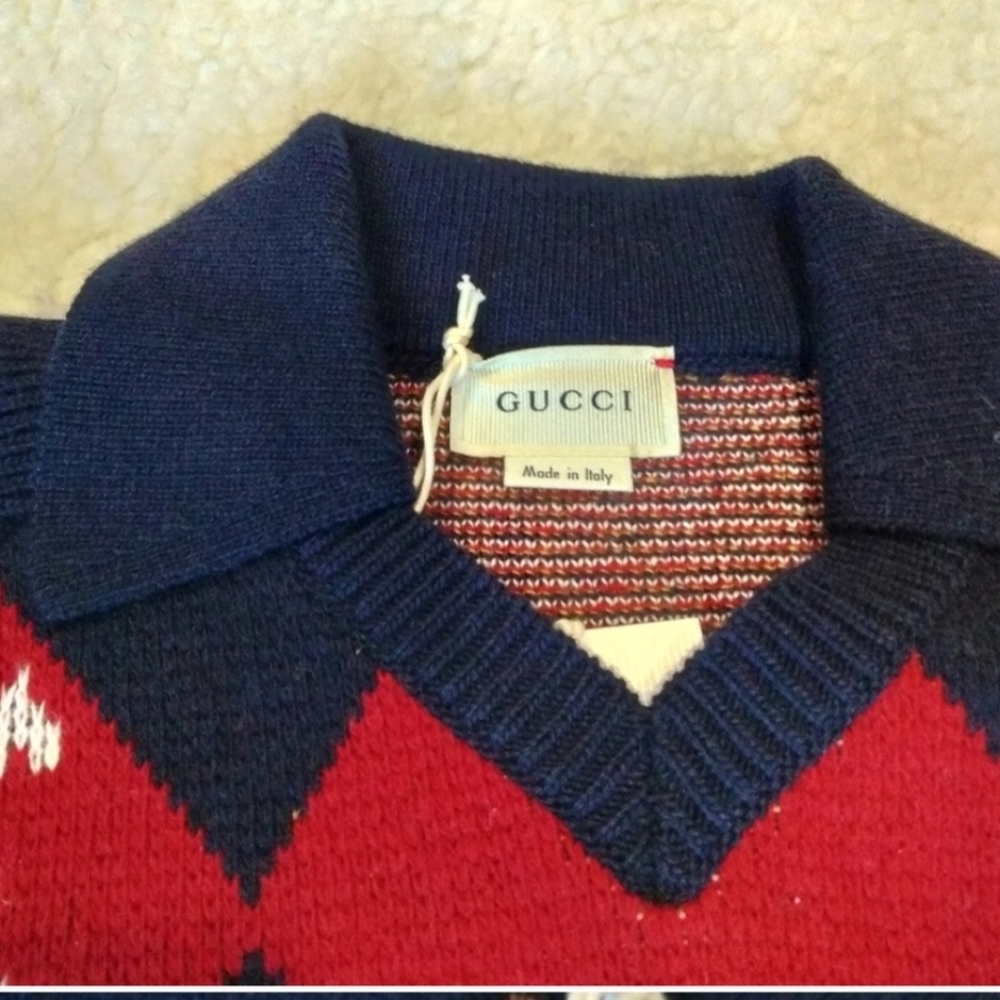 Gucci kids red blue argyle horse long sleeve polo wool sweater size 5 - Picture 4 of 12